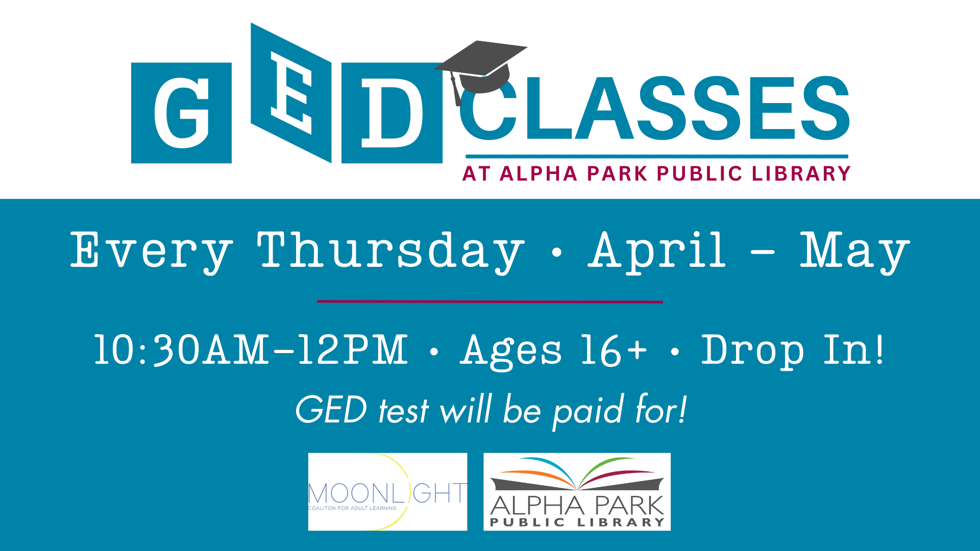 teal and white GED classes logo with text and logos