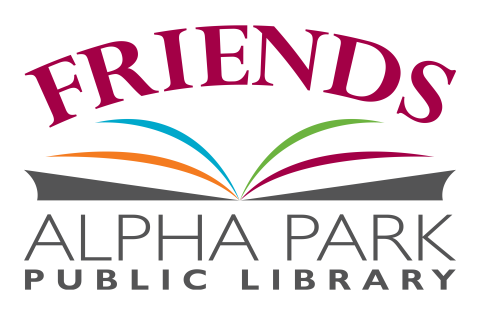 friends library logo of grey open book with orange, blue, green, and maroon pages