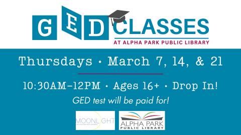 white and teal GED classes logo with text