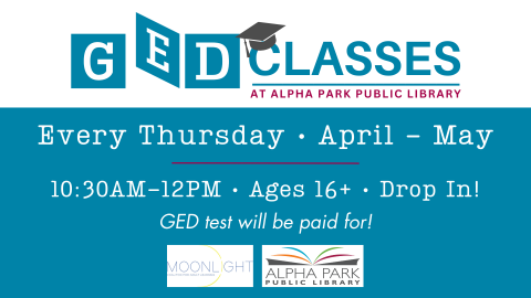 teal and white GED classes logo with text and logos