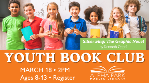 photo of row of kids standing with books, white text on orange and green boxes