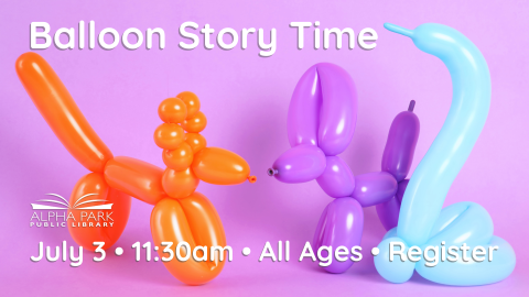 photo of orange, purple, and light blue balloon animals on purple background, white text