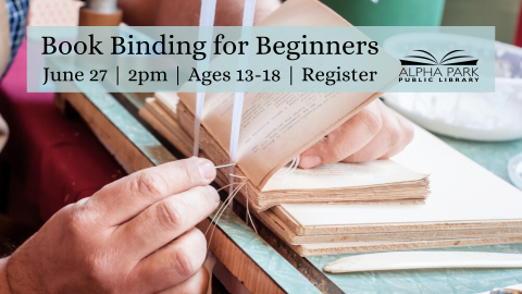 photo of hands sewing a book spine on a seafoam green table, rectangle with black text