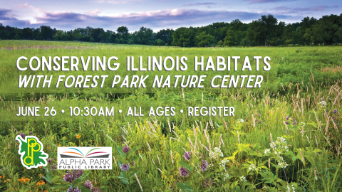 photo of green Illinois prairie with wildflowers and trees and blue clouds in background, white text