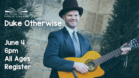 white man in suit and top hat with guitar in between bushes, white text