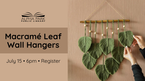 photo of green macrame leaves hanging from branch on textured beige wall, beige rectangle with black text