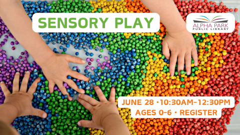 little hands in bin of rainbow colored chickpeas, green and orange text in white balloons