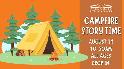 tent and campfire graphic on orange background, white text