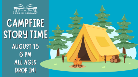 tent and campfire graphic on blue background, white text