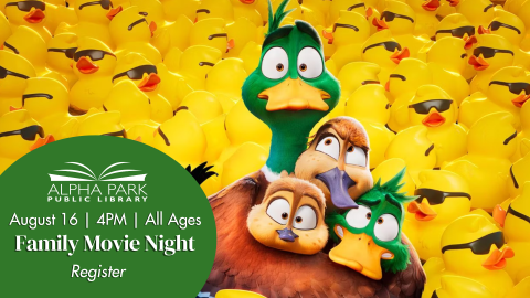CGI illustration of mallard duck holding 3 baby ducks in a sea of yellow rubber duckies, green circle with white text