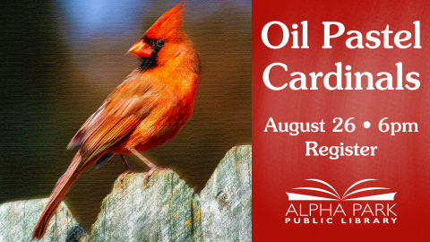 oil pastel of red cardinal sitting on wooden fence looking over his shoulder, red rectangle with white text