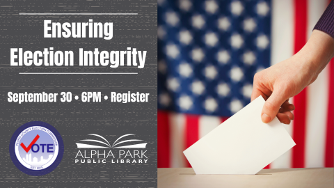 photo of hand placing white envelope in ballot box with american flag behind, grey box with white text