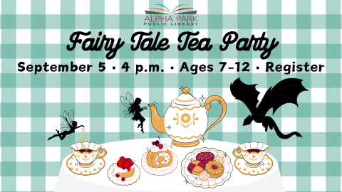 illustration of table set for tea with cookies and silhouettes of 2 fairies and a dragon, teal gingham background