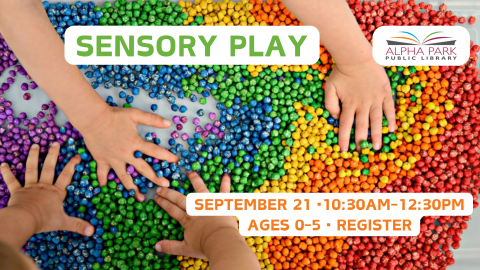 photo of kids hands playing with rainbow beads, green and orange text