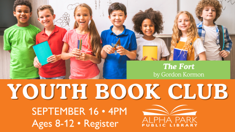 photo of 7 kids standing in a row holding books, orange and green rectangles with white text