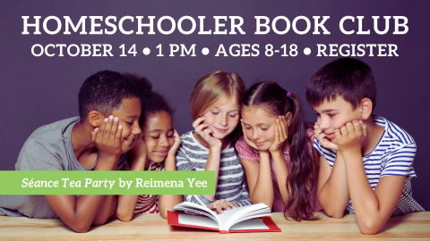 photo of 5 kids leaning elbows on table to read one book with red cover, dark purple background, white text