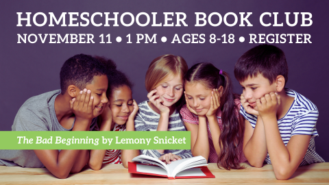 photo of 5 kids leaning elbows on table to read one book, purple background with white text