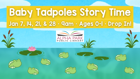 graphic of little green tadpoles in water with lily pads, blue sky with clouds, and yellow rectangle with white text