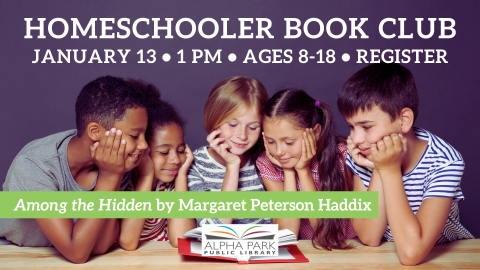 photo of 5 kids leaning on wood table wiht elbosws to read a red book, purple background with white text