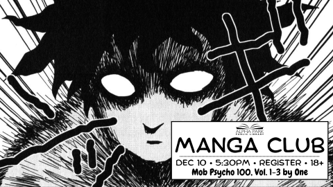 close up black and white illustration of manga character, white box with black text