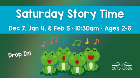 graphic of 4 green frogs singing musical notes, faded rainbow on dark green background, blue rectangle with white text