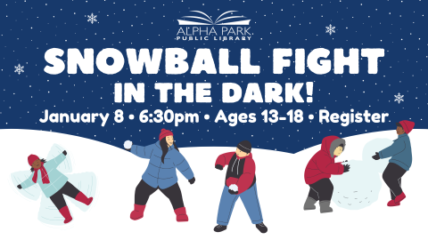 graphic of 5 teens in red and blue winter gear playing in the white snow, dark blue sky with white text