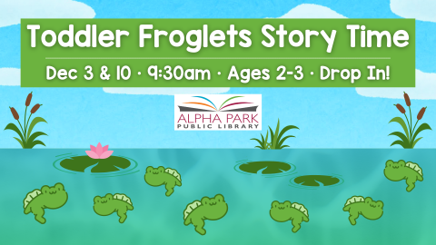 graphic of little green froglets swimming in water with lily pads, blue sky with clouds, green rectangle with white text