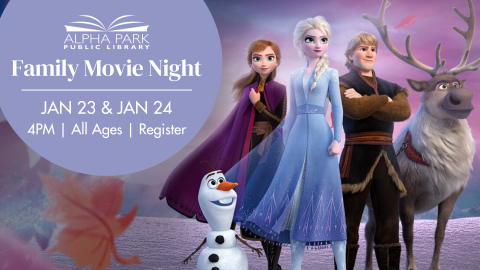 CGI illustration of characters from Frozen, lavender circle with white text