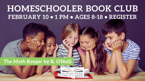 photo of 5 kids leaning elbows on table to read one book with red cover, dark purple background, white text