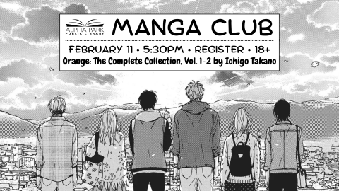 manga illustration of 6 young people watching the sunrise over mountains and a city, white rectangle with black text