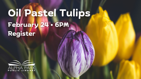 photo of pink, purple and yellow tulips, white text