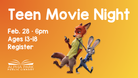 illustration of fox and rabbit characters from zootopia, orange and yellow background, white text