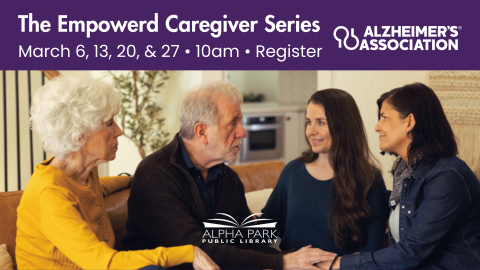 photo of elderly couple sitting with 2 women on couch, all looking at each other, purple rectangle with white text