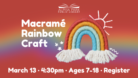 photo of macrame rainbow on red background with rainbow, white text