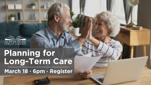 photo of elderly white couple smiling and high-fiving in living room with laptop and papers., white text