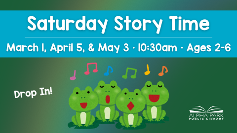 graphic of 4 green frogs singing musical notes, faded rainbow on dark green background, blue rectangle with white text