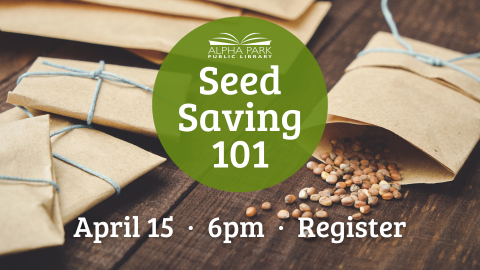 photo of brown paper seed packets tied with blue string, spilled seeds on wooden table, green circle with white text