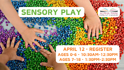 photo of kids hands playing with rainbow beads, green and orange text