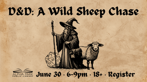 black graphic of wizard, sheep, and D20 on textured tan background with black text