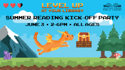 pixelated graphic of game scene with orange dragon flying towards treasure chest, blue sky mountain, and trees in background, orange and black black text