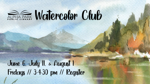 watercolor of landscape with mountains, lake, and fall trees, with black text 