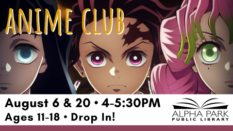 close up of Anime characters, white box with black text