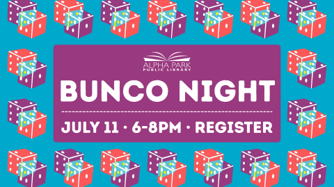 red, purple, and light blue dice repeating graphic on blue background, purple box with white text