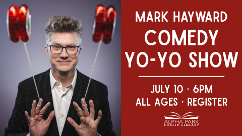 photo of white man in suit with glasses flinging red yo-yos at the camera, red box with white text