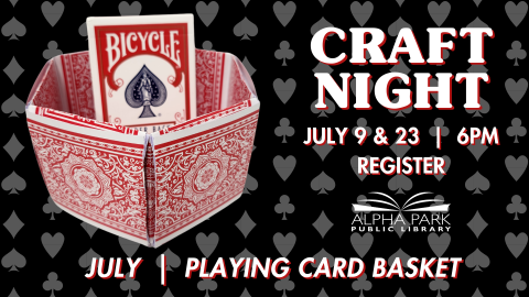 photo of basket made of red playing cards with deck of cards inside, black background with gray playing card symbols, white text