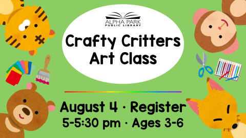 graphic with baby tiger, monkey, bear, and fox in corners with art supplies, yellow background white oval with black text