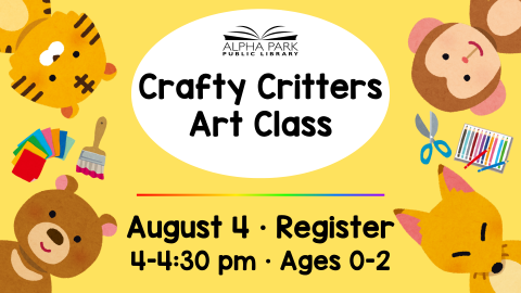 graphic with baby tiger, monkey, bear, and fox in corners with art supplies, yellow background white oval with black text