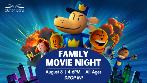 image of characters from Dog Man, blue oval with white text