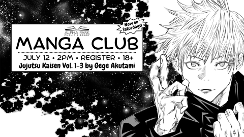 black and white illustration of manga character with white hair holding up crossed fingers on space background, white box with black text