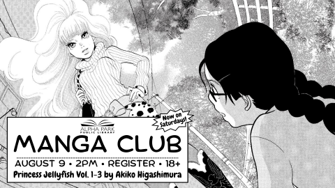 black and white of 2 manga characters, one girl with big white hair, one girl with dark braids and glasses, black text